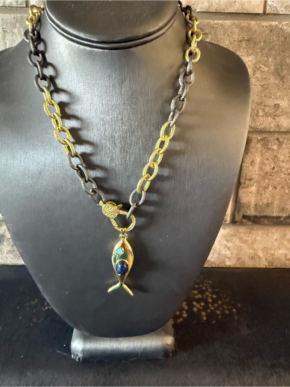 Freida Rothman Gold and Black Fish Pendant Chain Necklace